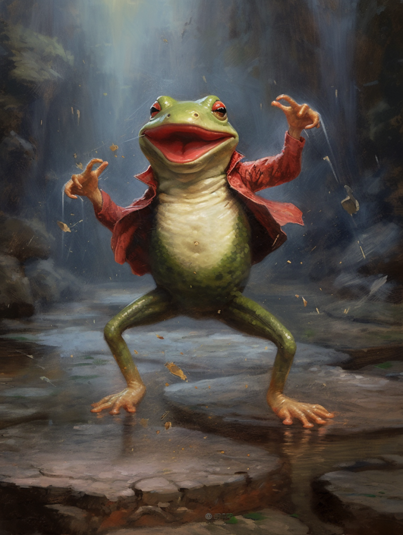 Symbioticdesign Oil Painting Of A Dancing Cartoon Frog --ar 3 Ceee56c8-0692-4bf7-a1f1-57c519cf3447 2